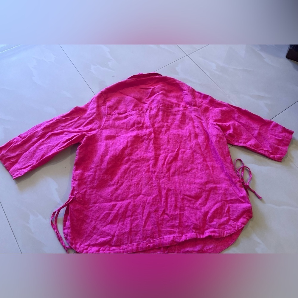 Linen! Ladies Isaac Mizrahi Pink Berry Linen Top-Size 1X tie - Picture 3 of 16